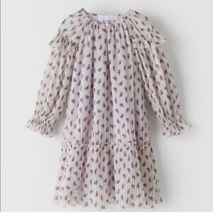 Zara girls pleated long sleeve printed dress ruffles